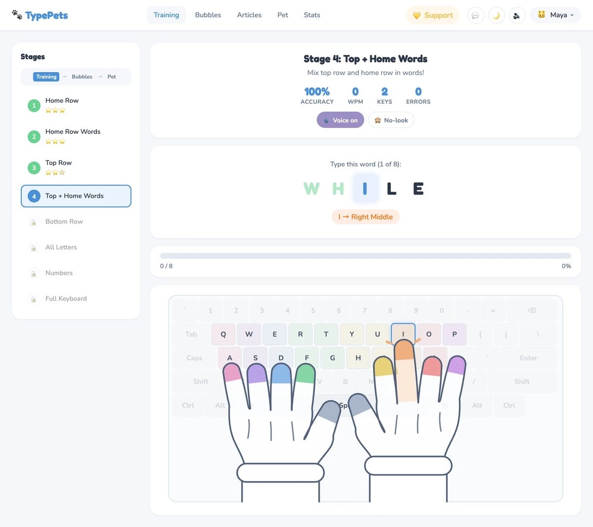 TypePets Finger Training: a practice word with the next letter highlighted, a color-coded on-screen keyboard with cartoon glove hands resting on it and the right finger reaching for the next key, and live accuracy and speed stats